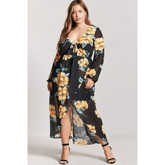 Forever 21 Plus Size Black Golden Yellow Floral Chiffon Maxi Dress 3X - Picture 8 of 10